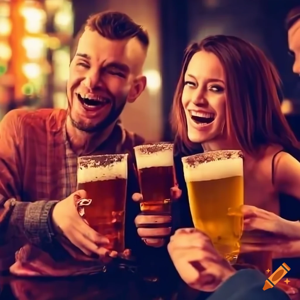 Friends laughing and enjoying drinks at a lively bar