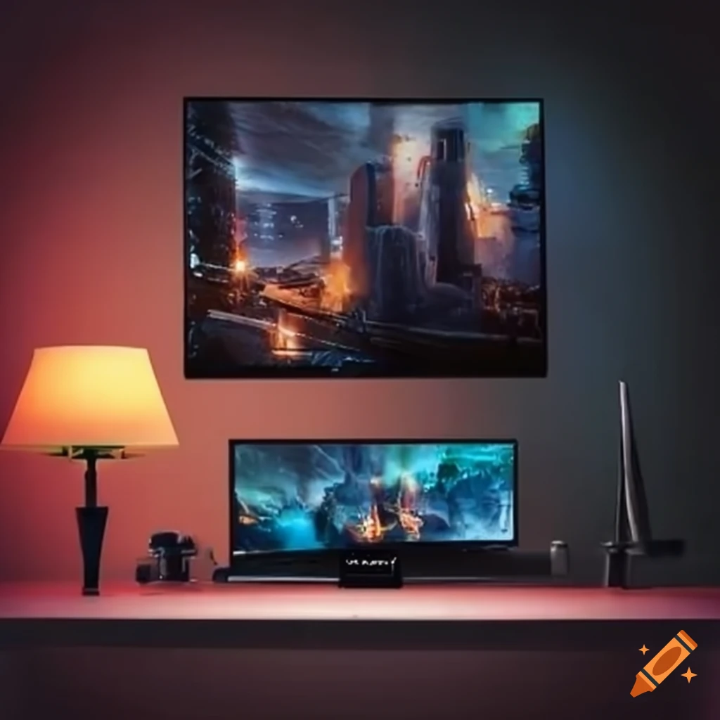 Modern home office setup with large television and multiple screens