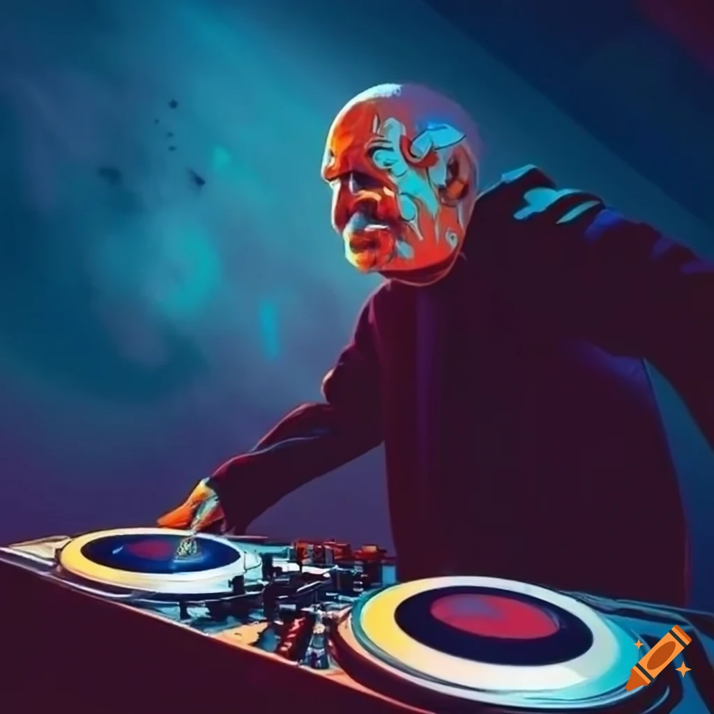 Retro scifi art of an old man dj mixing music
