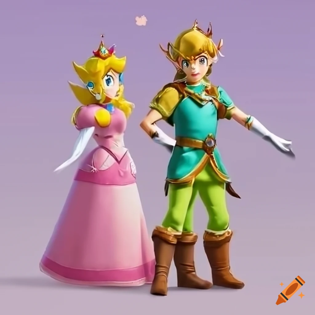 Princess peach and link in pink silk ballgowns posing together on Craiyon