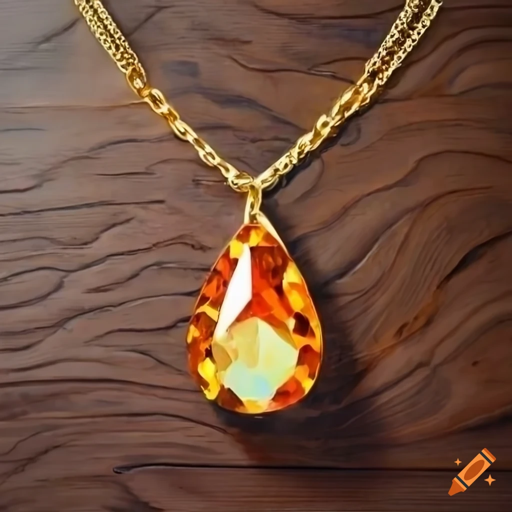 Knife palette painting of a gold necklace with orange gemstone on a