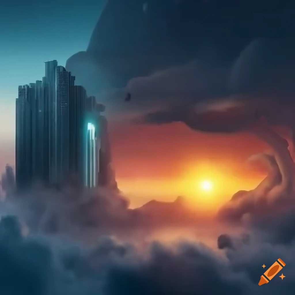 skyscraper on the verge of collapse against a sunset backdrop