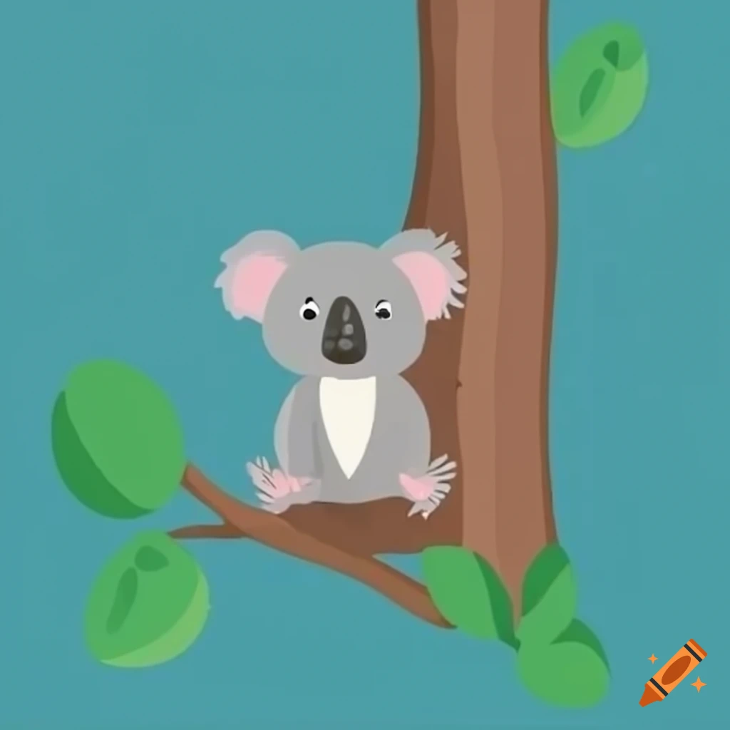 cartoon-style illustration of a cute koala on a eucalyptus tree