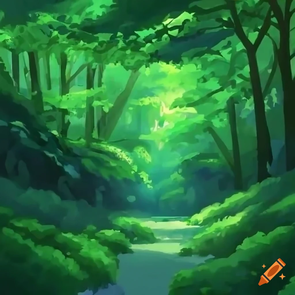 Illustration of a bright green sunny jungle with a pond, flowers, birds and  animals. look and feel should be like ghibli movies style, dreamy layout,  sharp, highly detailed on Craiyon