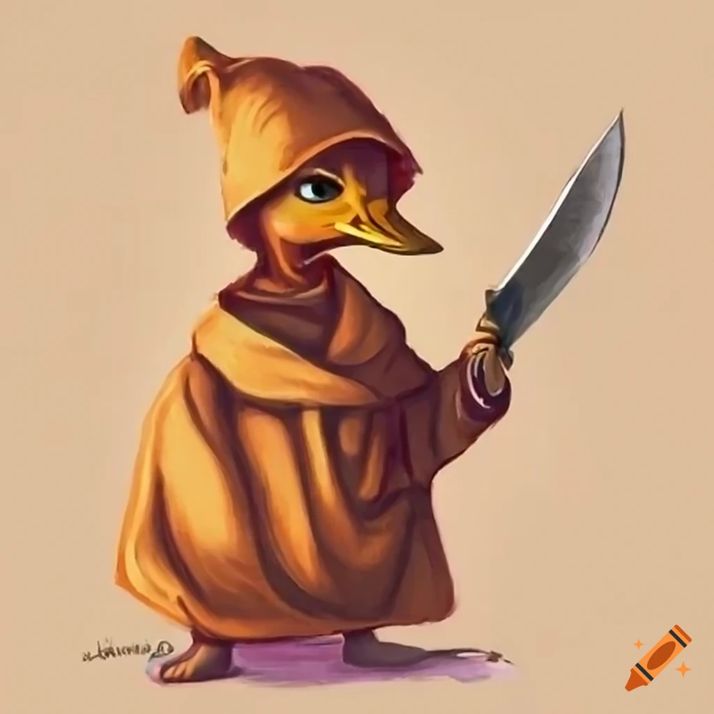 whimsical duck with monk robes and kukri knife