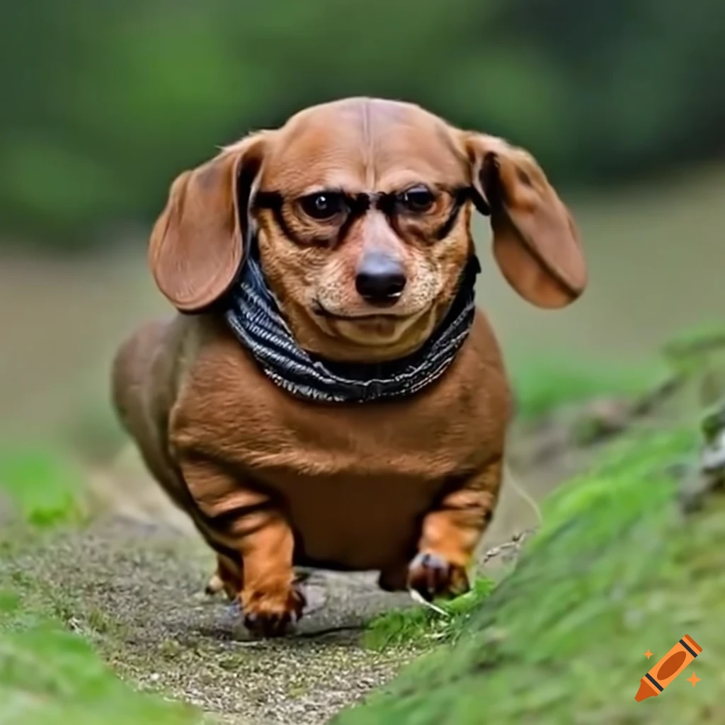 funny image of a Dachshund with Danny Devito face running
