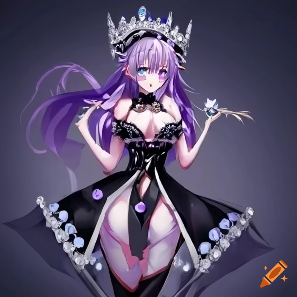detailed anime queen with lilac hair and black dress