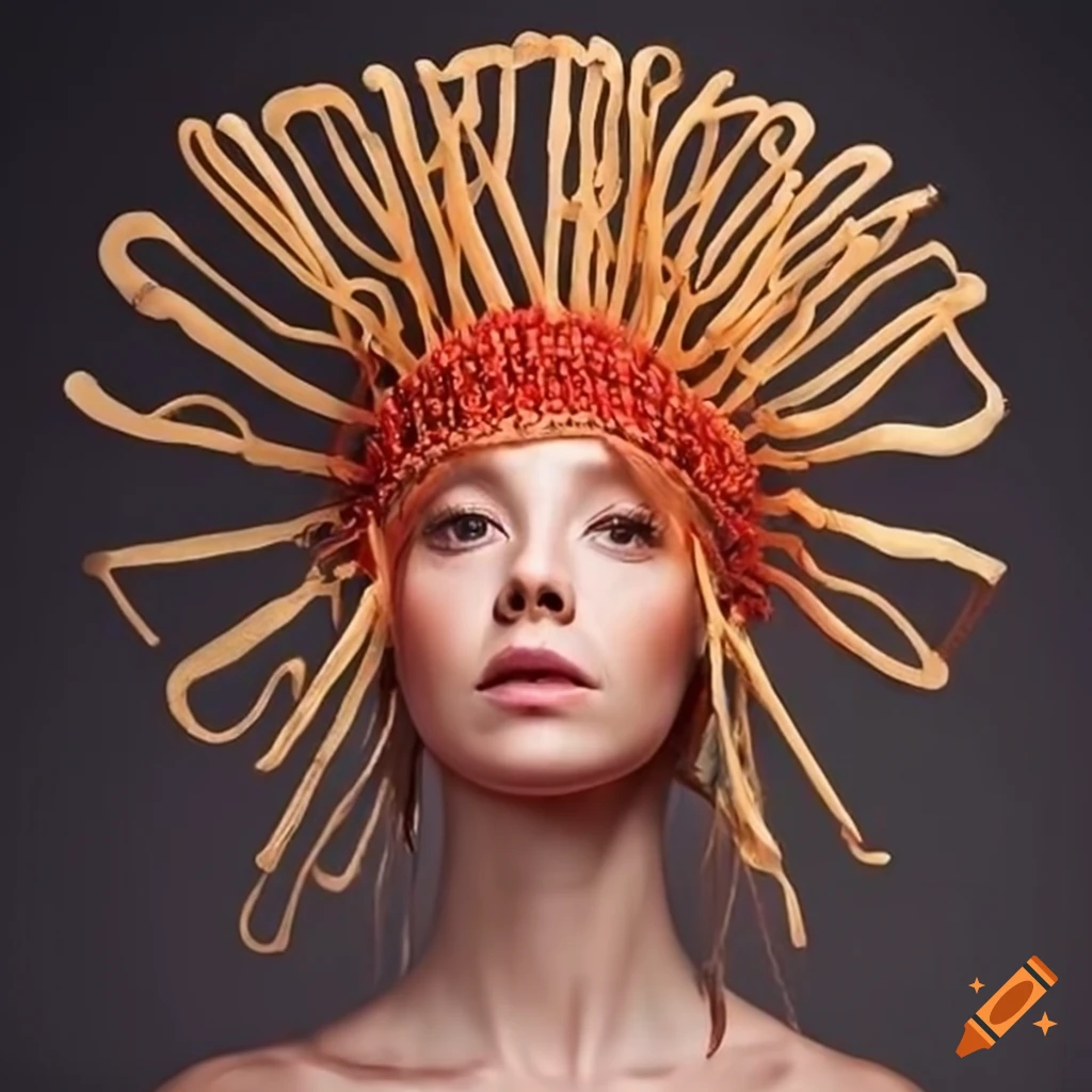 creative headdress made of spaghetti