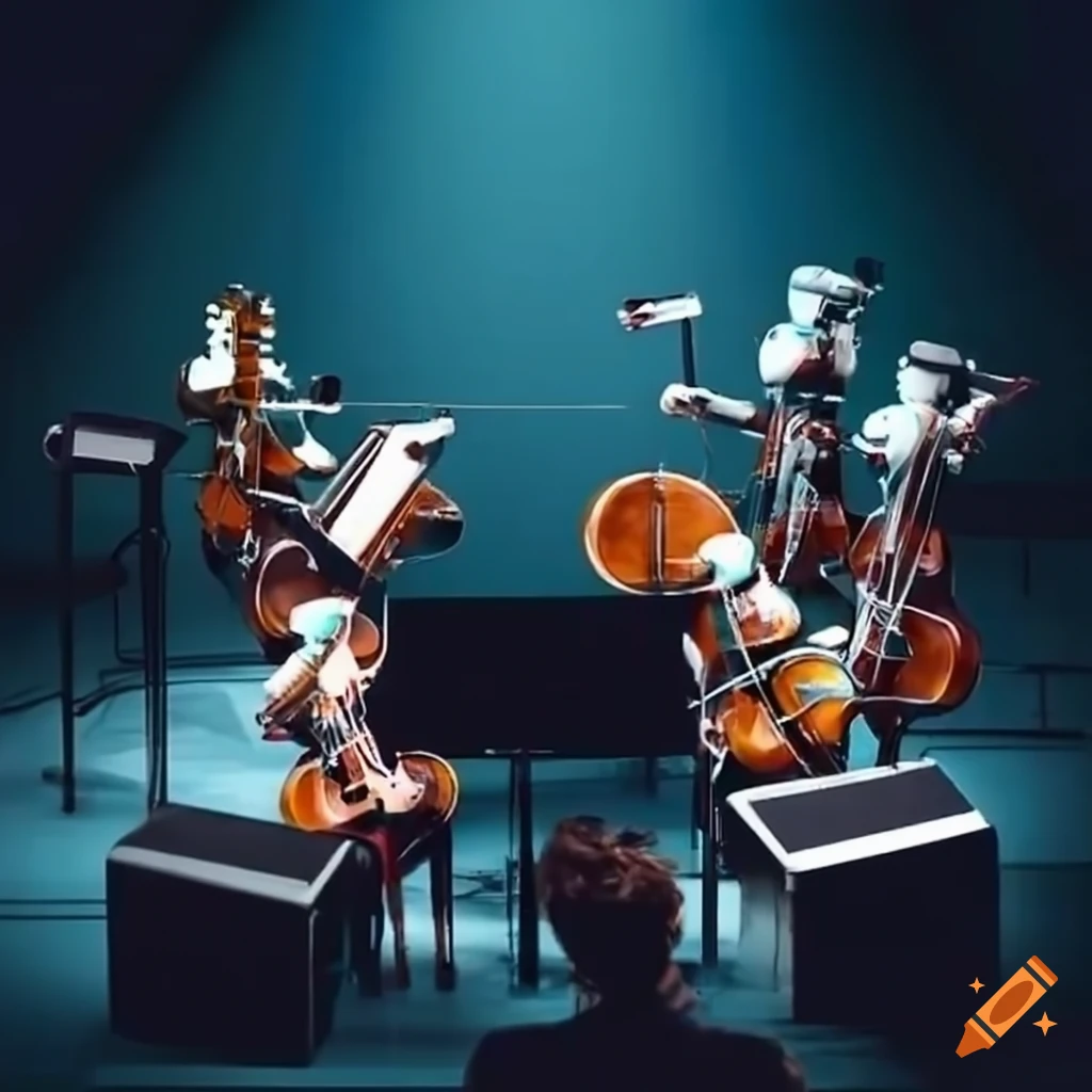 Robotic orchestra playing string instruments