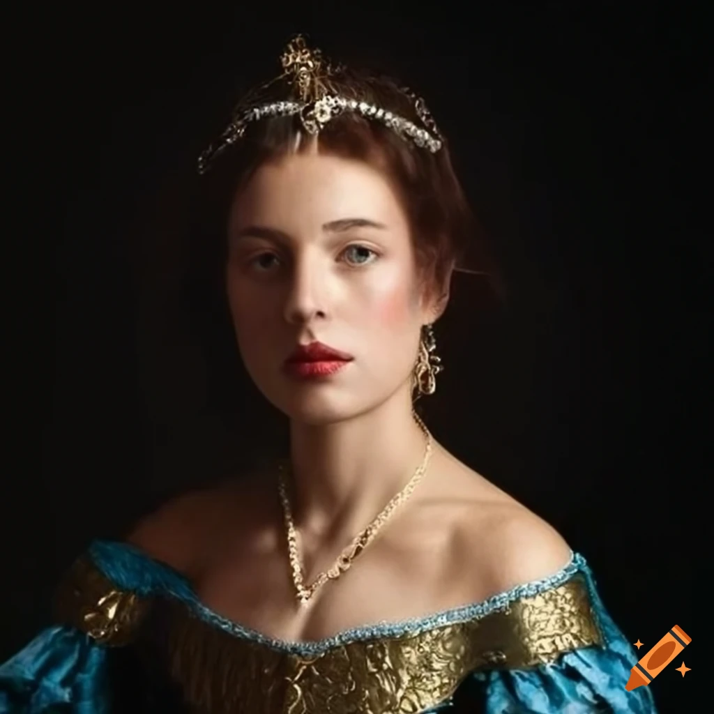 Renaissance portrait of a woman in blue and gold dress