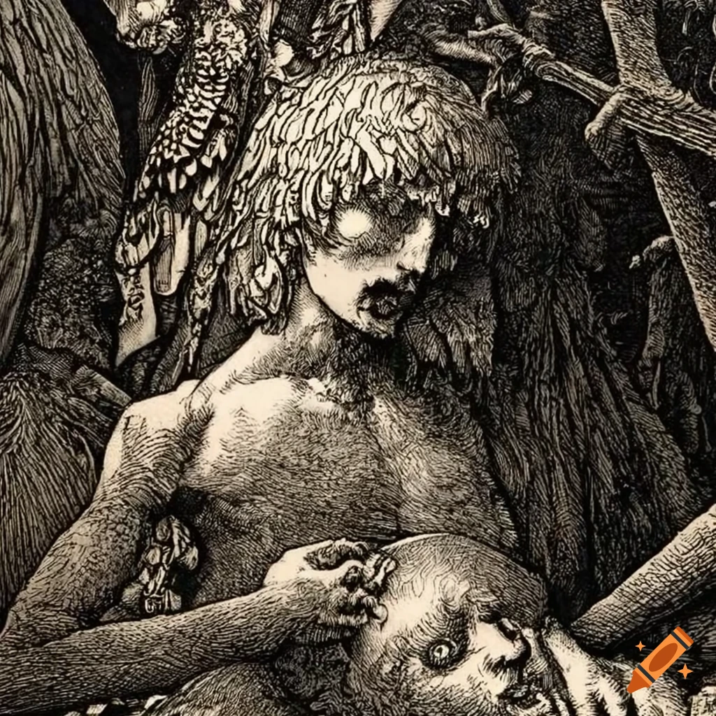 surreal etching of adolescent boys made of flowers and mushrooms