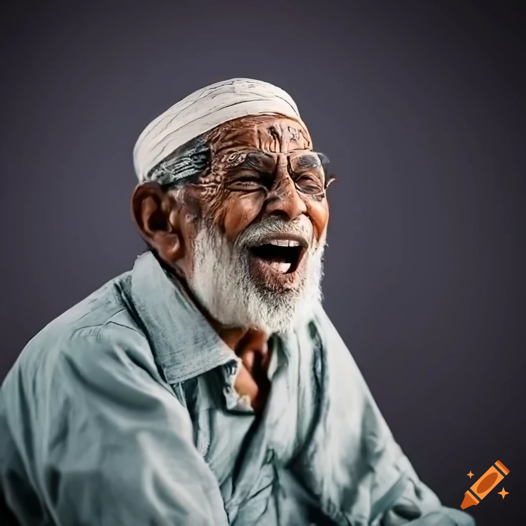 portrait of an elderly Muslim man laughing