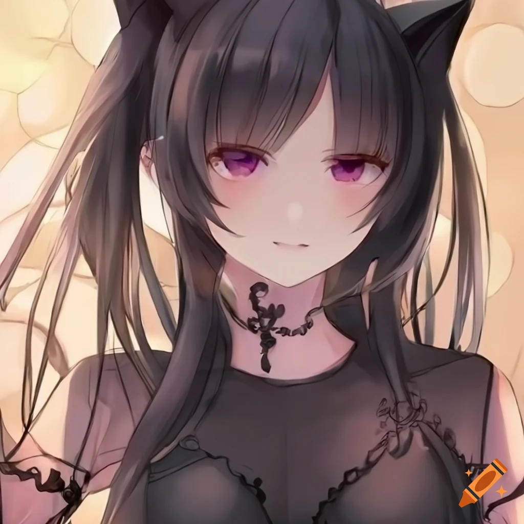 Beautiful catgirl with long black hair and olive skin on Craiyon