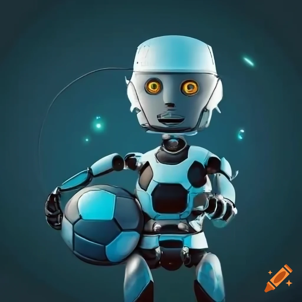 futuristic robot holding soccer ball with statistical background