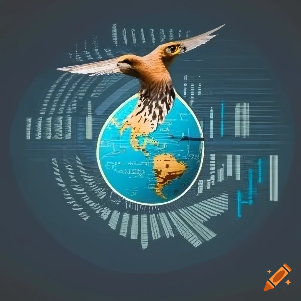 emblem of a falcon soaring above financial graphs and a globe
