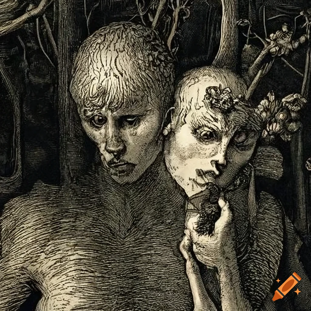 surreal etching engraving of adolescent boys made of flowers and mushrooms