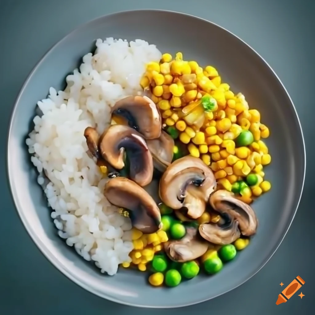 rice plate with sweetcorn, peas, and mushrooms