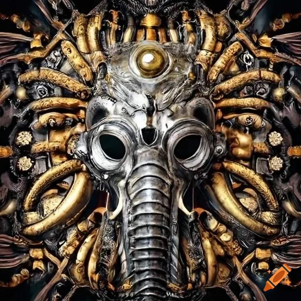 chrome rendering of a steampunk elephant death mask on textured background