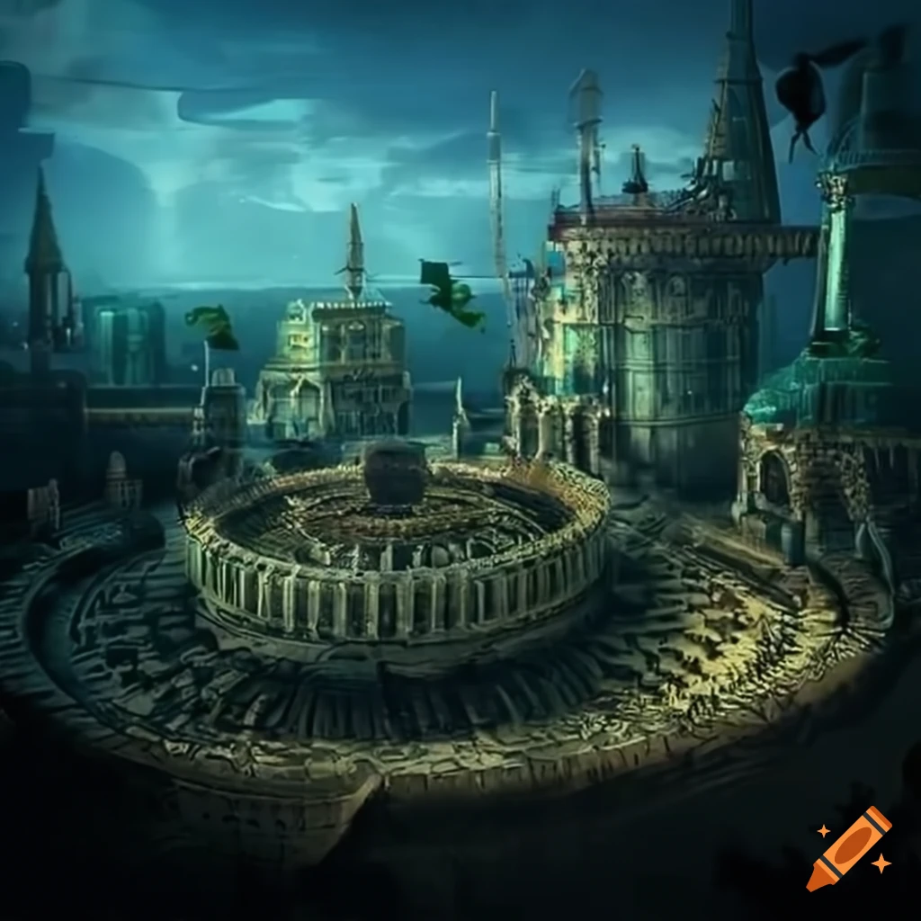 steampunk fantasy city with circular structures