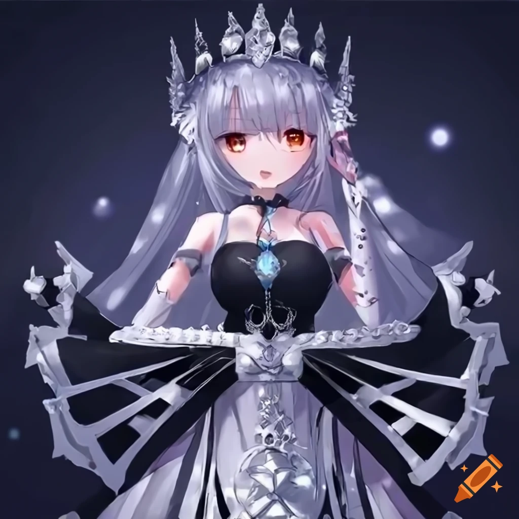 Anime girl, with black dress, long black hair and a silver crown