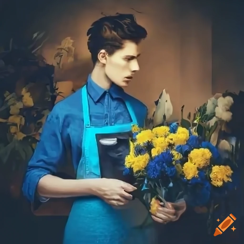 digital art of a male florist creating a bouquet in a flower shop