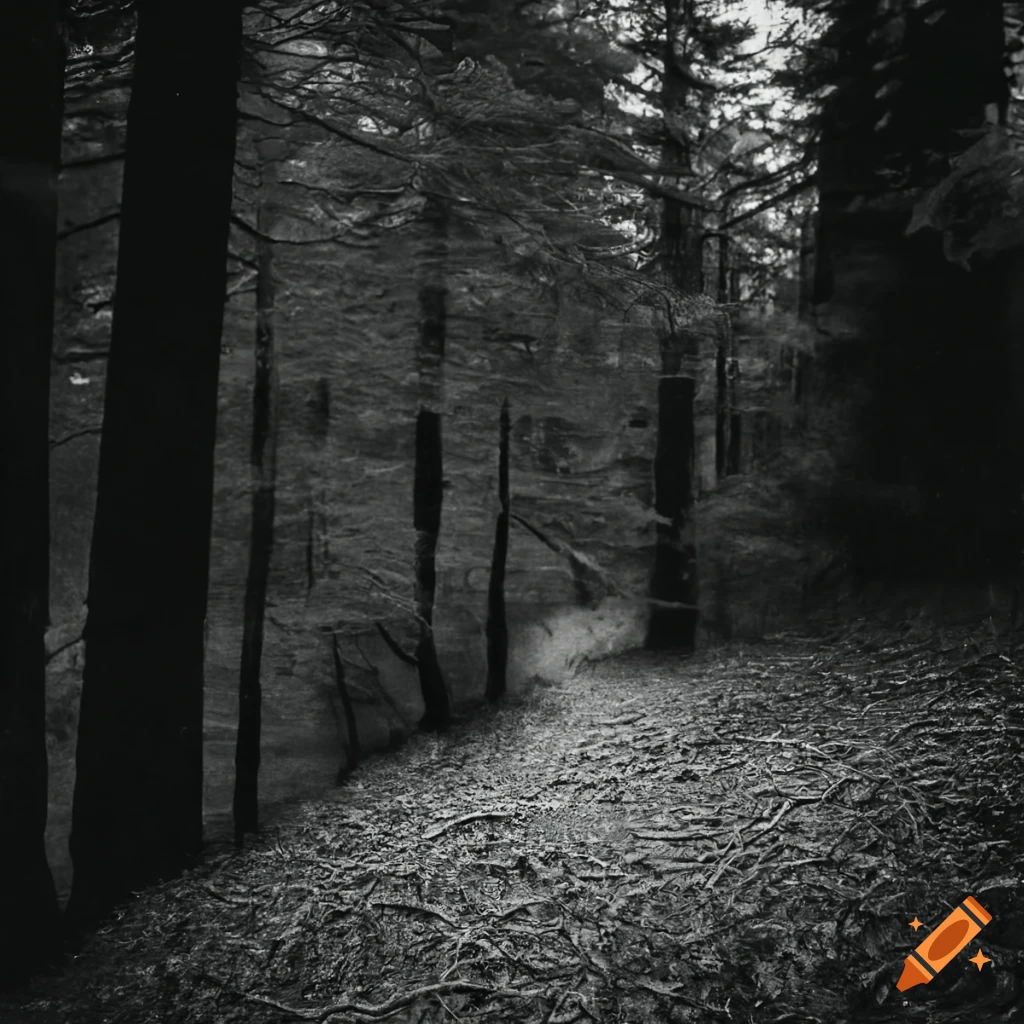 black and white photo of a man in a forest