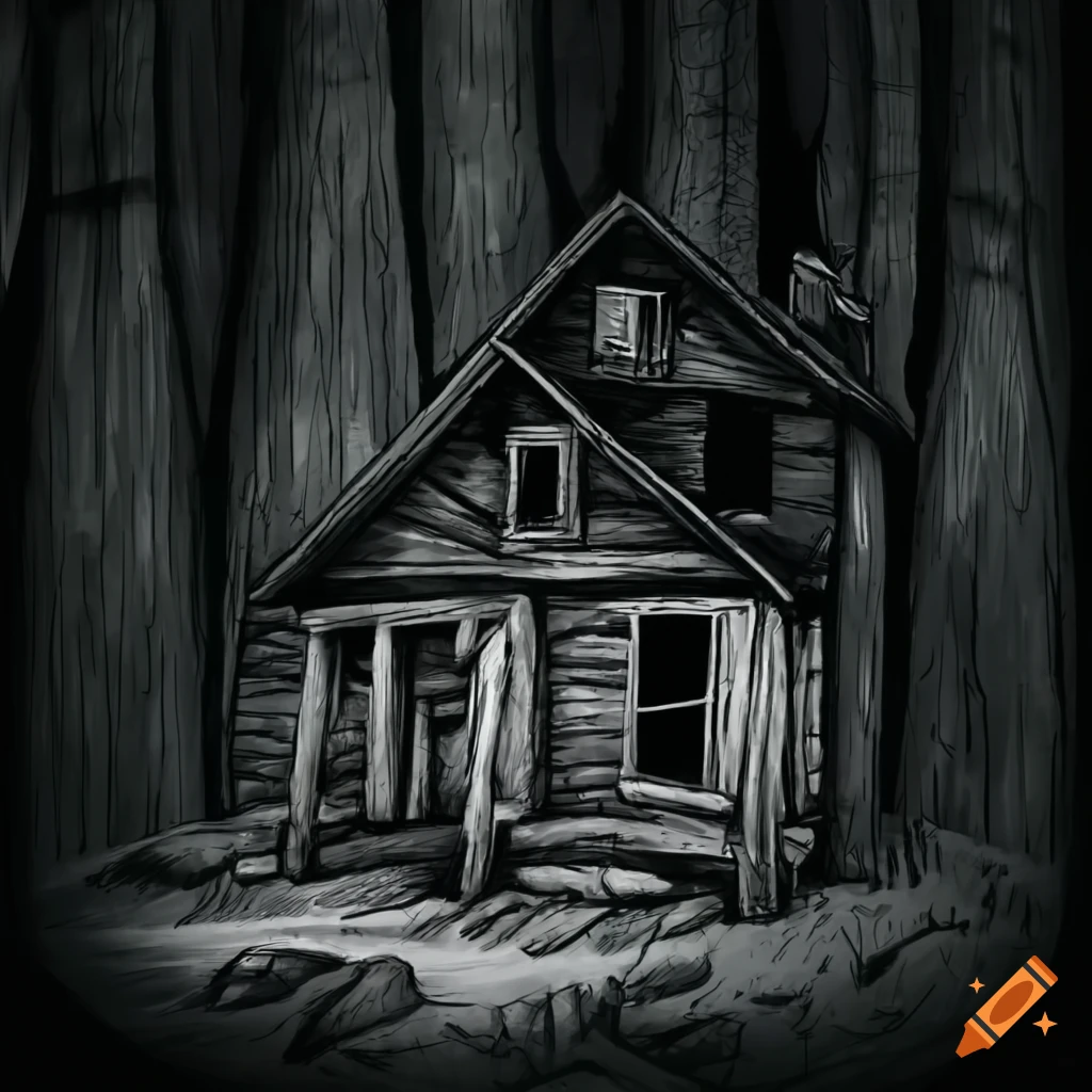 line illustration of a spooky cabin in the woods