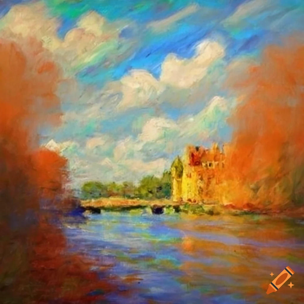 impressionist style painting of a countryside town by the river