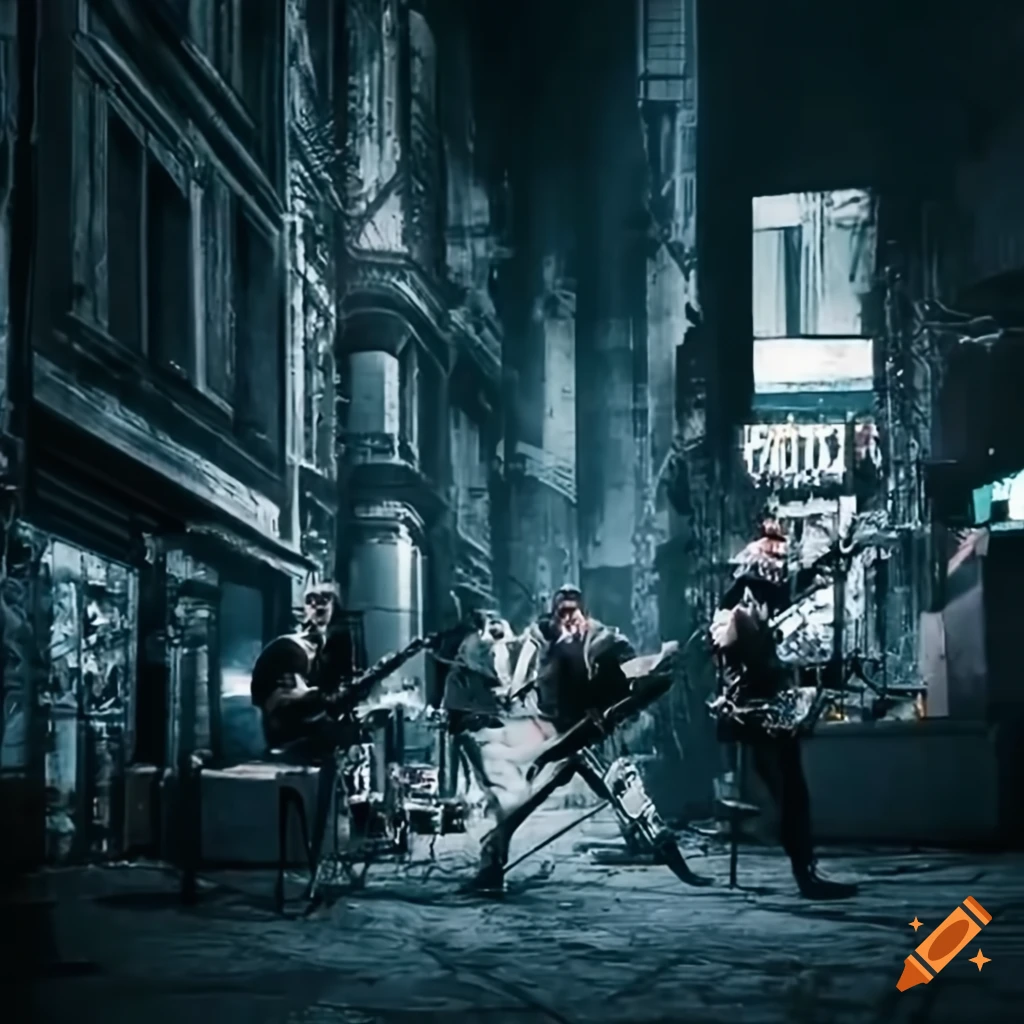 rock band performing in a dystopian city