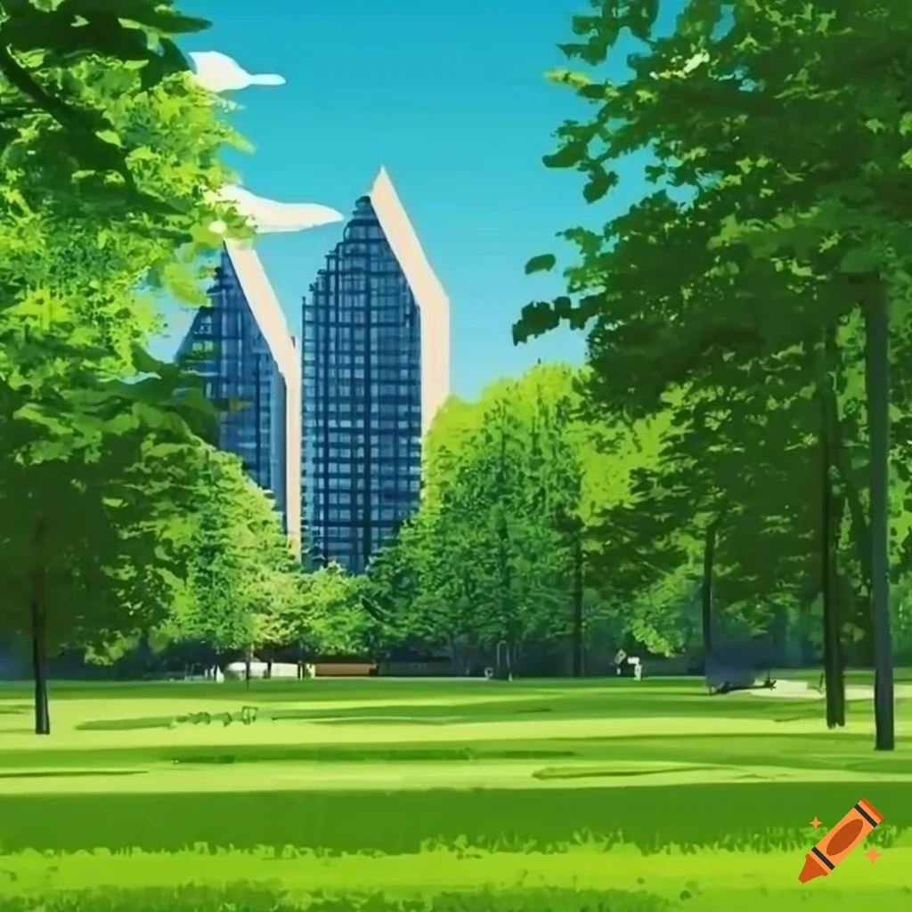 scenic view of a city park with checkered grass and Scandinavian buildings