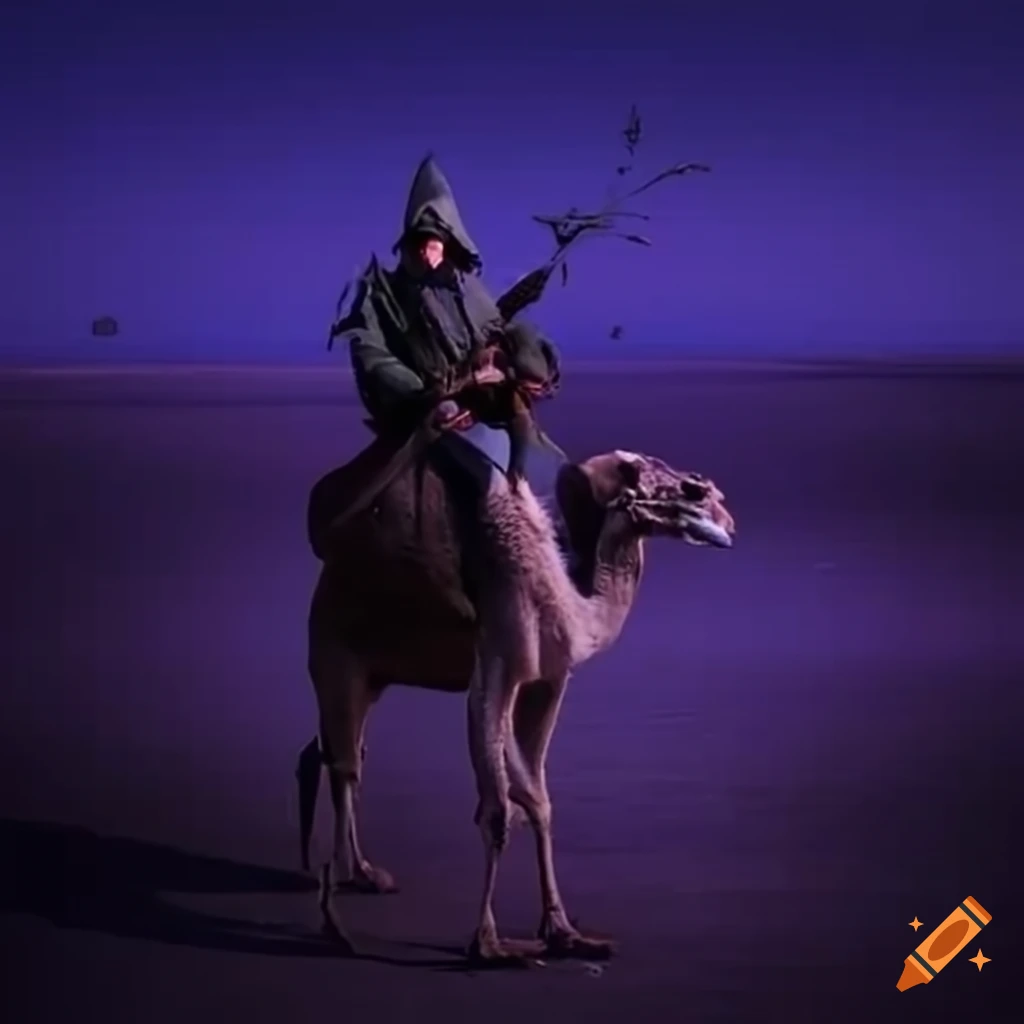 artistic depiction of gas-masked camel riders in grass steppes