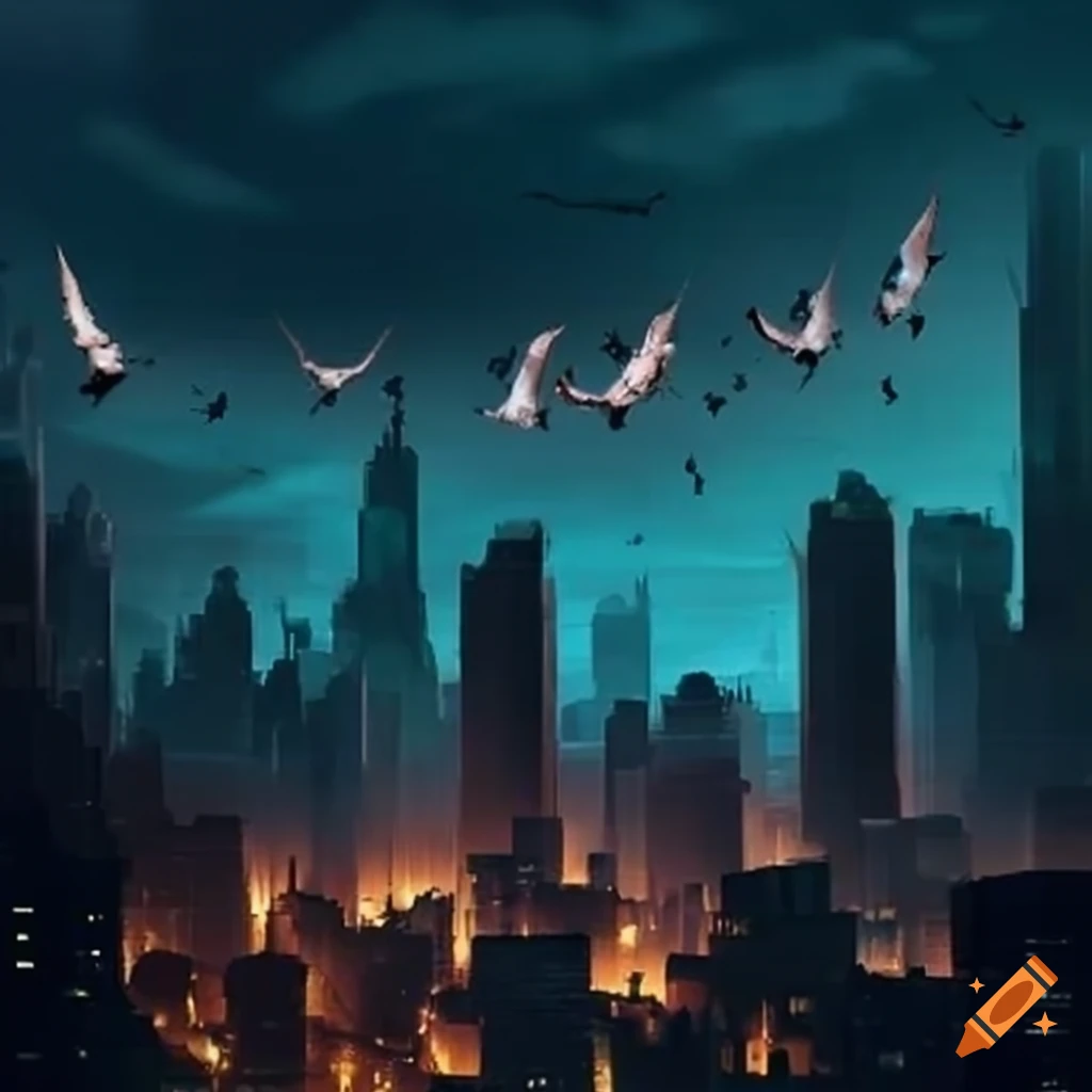 cityscape being engulfed by swarm of bats