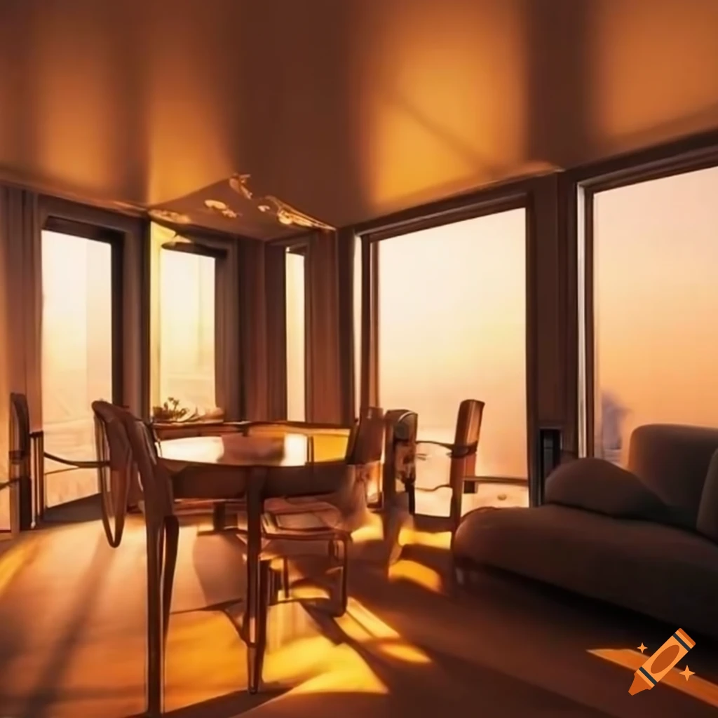 evening view of a penthouse apartment with 1980s interior design