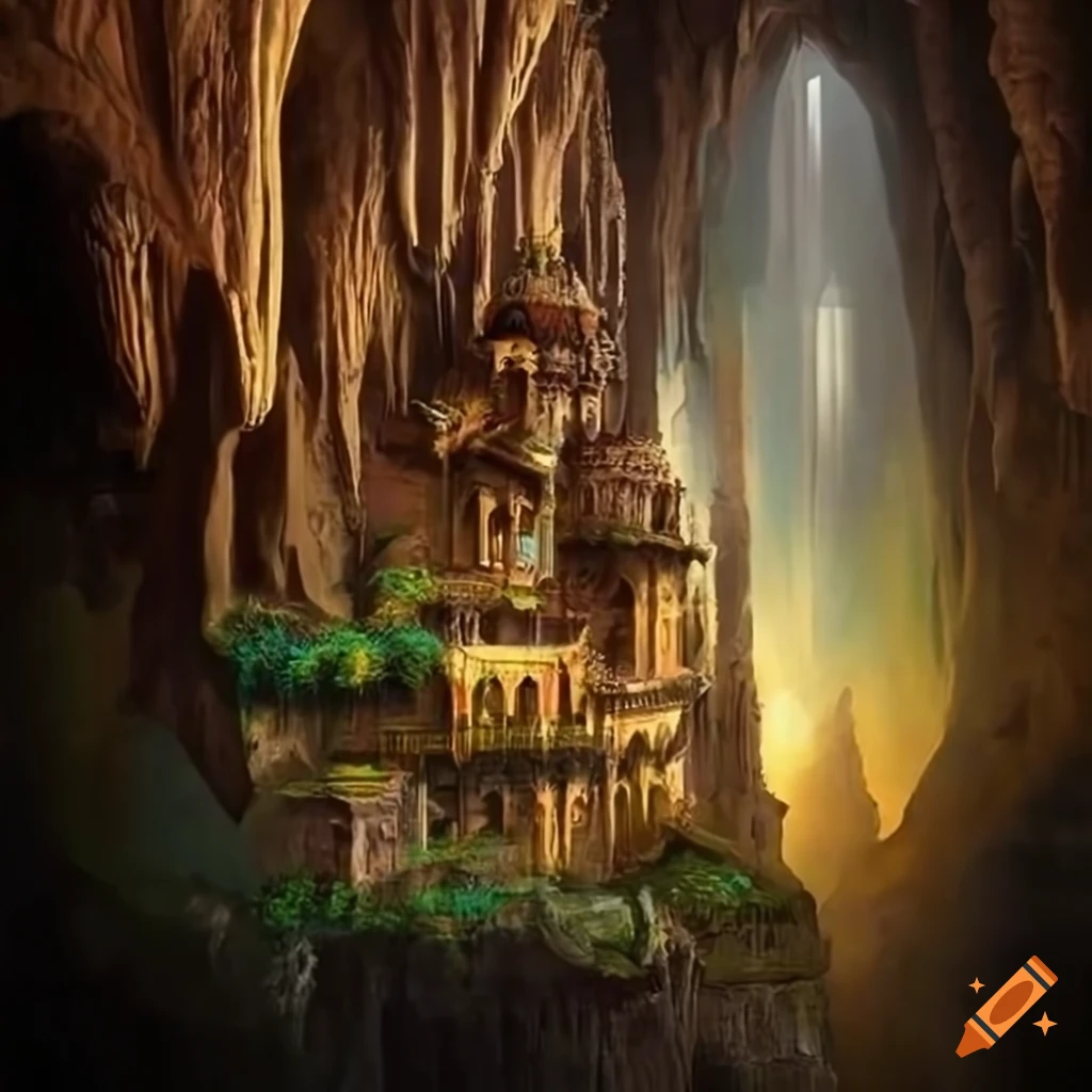 painting of a floating flower palace in a cave