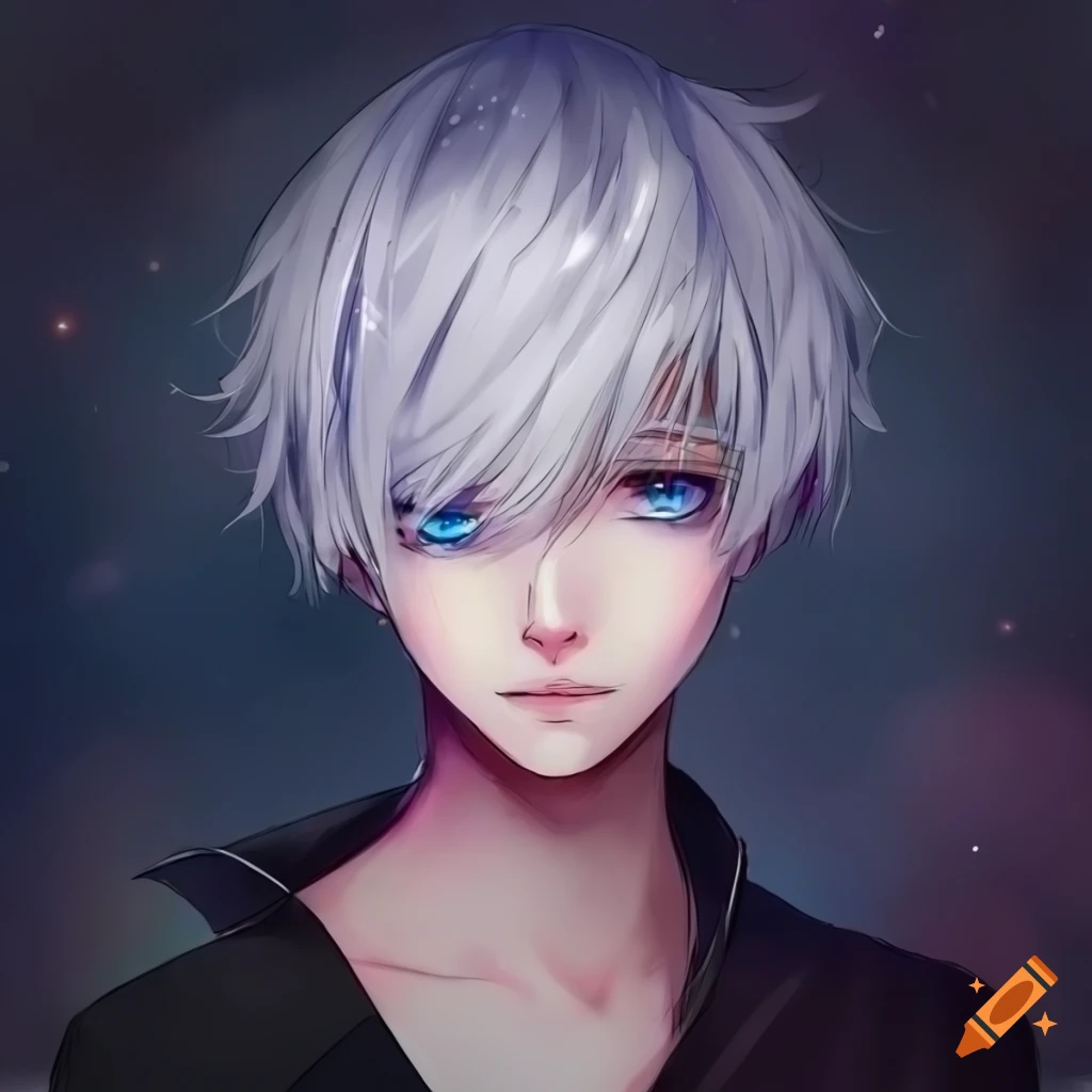 anime boy with white hair and galaxy eyes