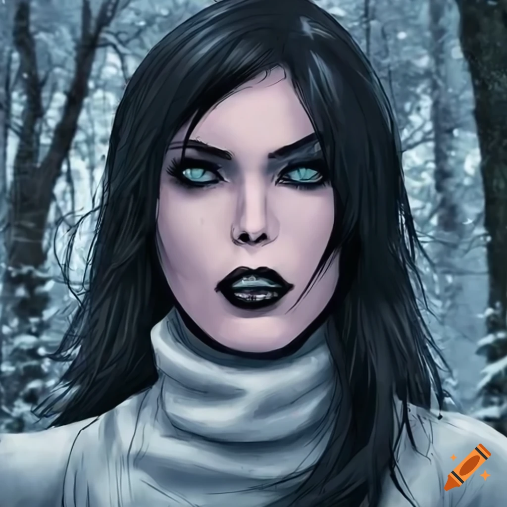 illustration of a black-haired woman in a white leather jacket walking in the snow