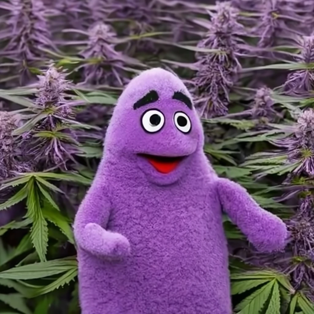 Mcdonald's grimace in a field of purple cannabis plants on Craiyon