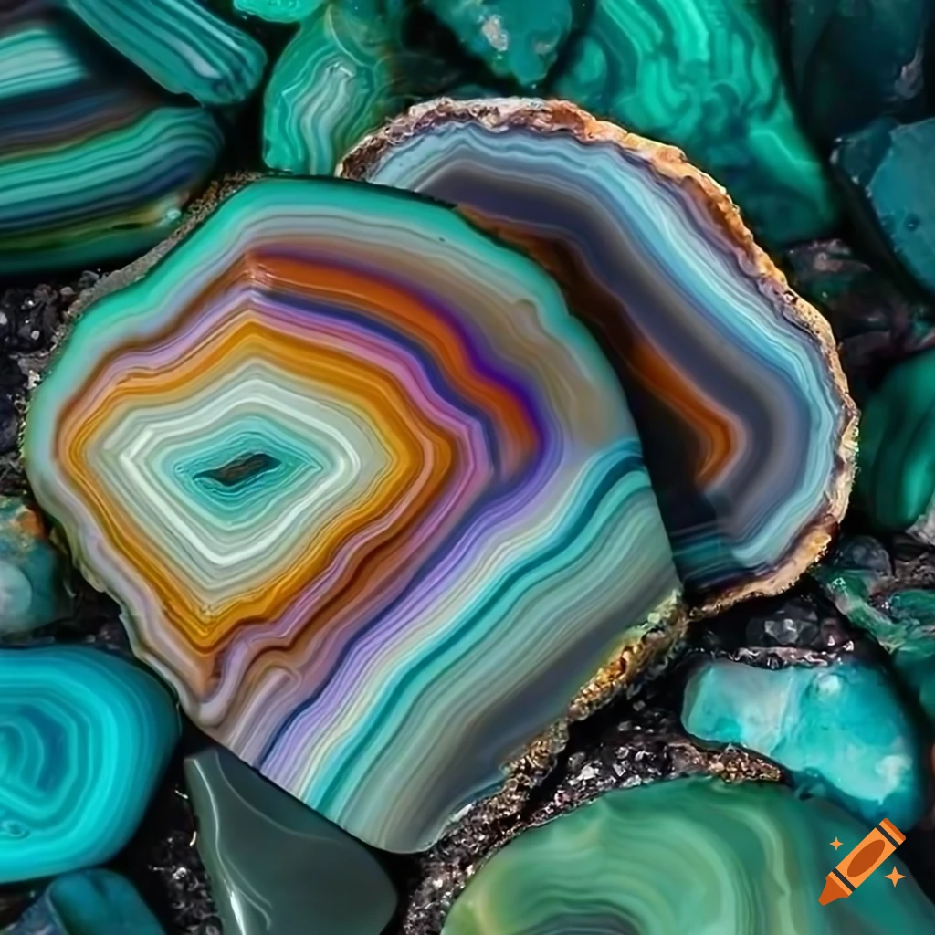 top-down photo of polished rainbow agate and malachite stones by the lakeside