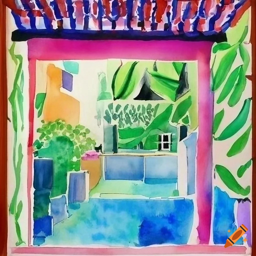 watercolor art of a Japanese style courtyard