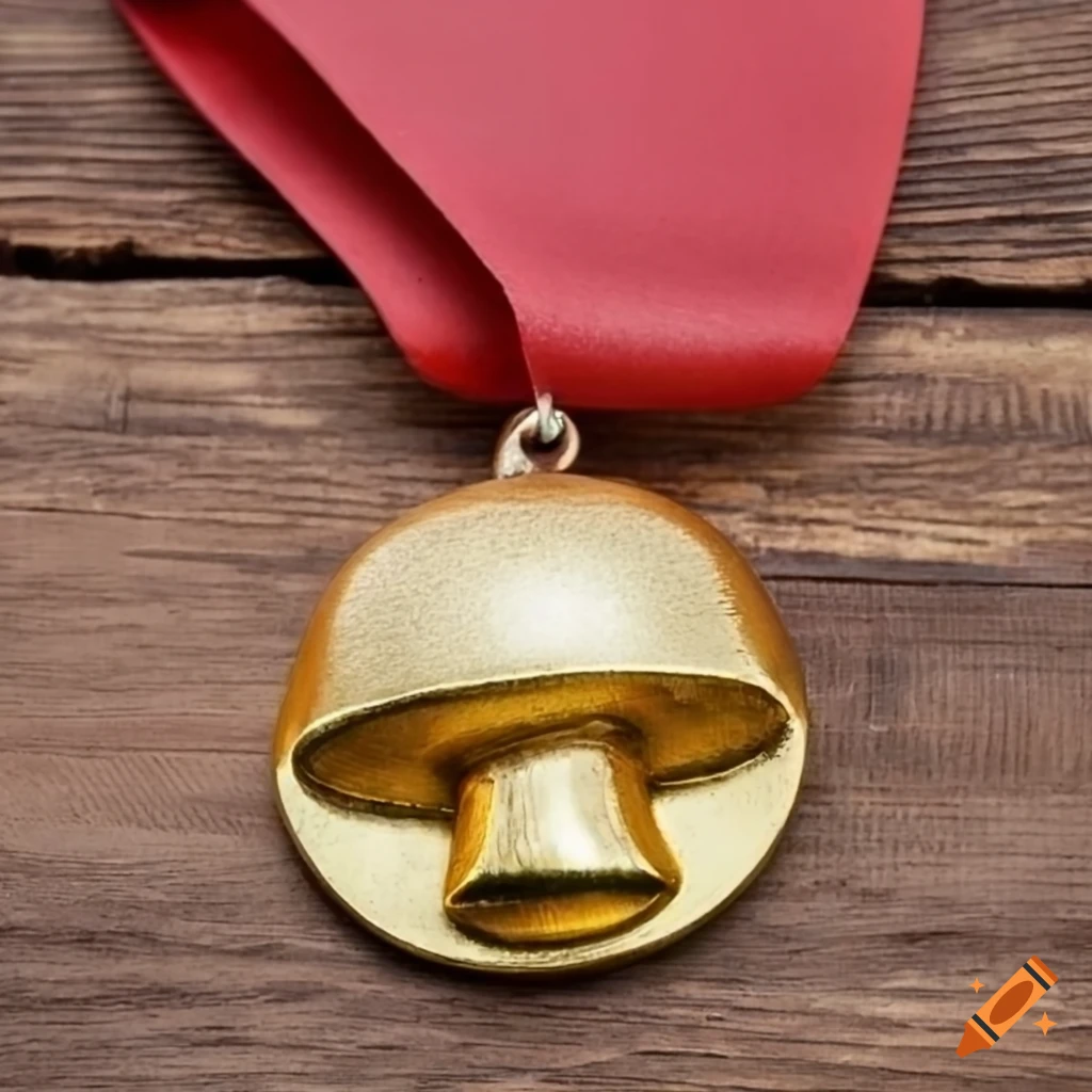 antique golden mushroom-shaped medal on wooden table