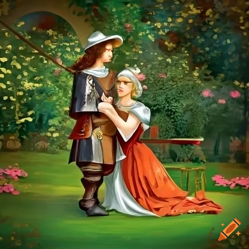 image of a musketeer and his lover in a garden