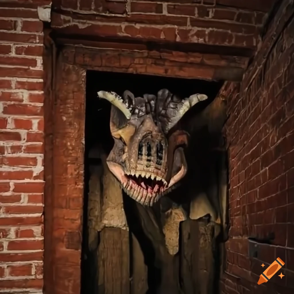 Ceratosaurus peeking through a basement doorway