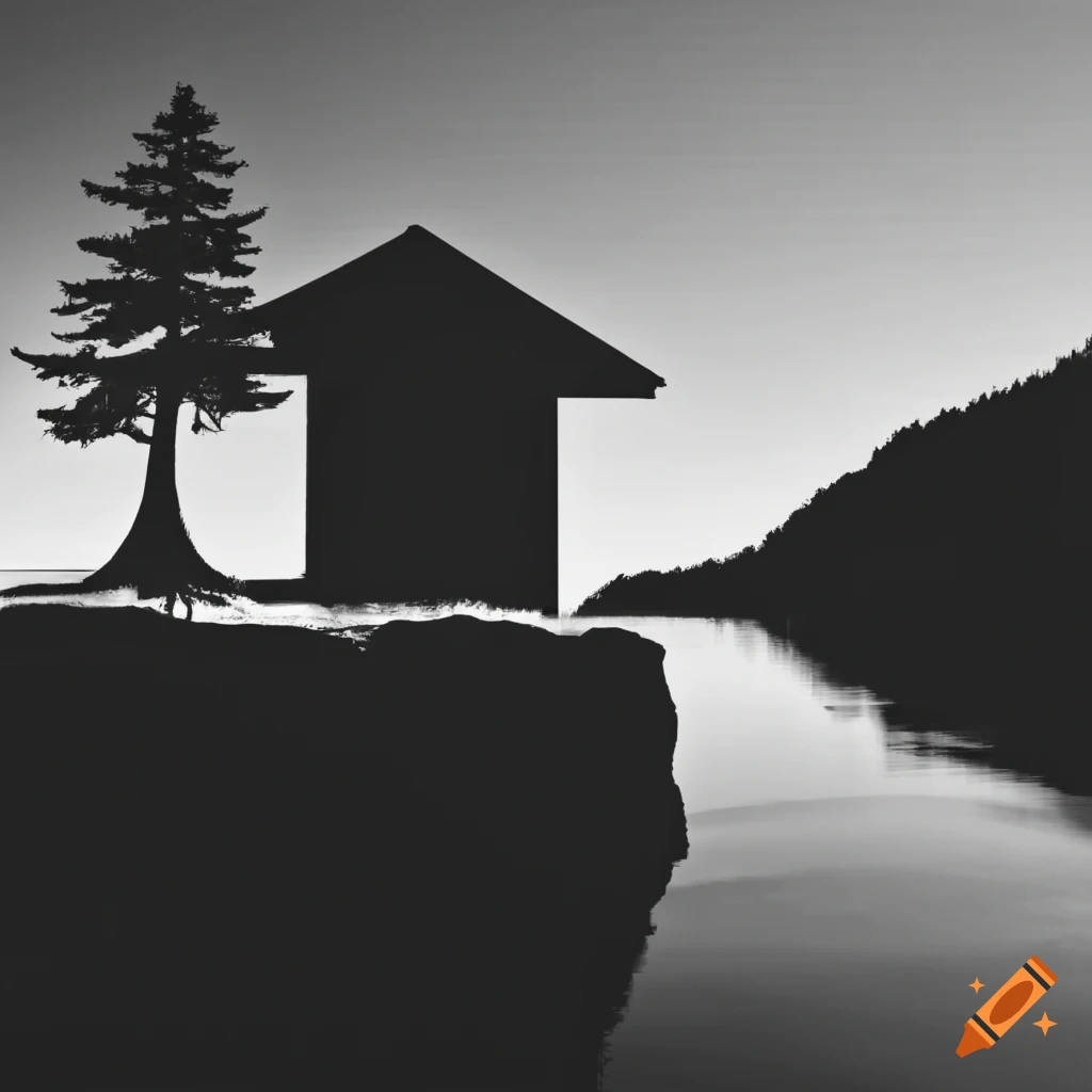 silhouette logo of a pine tree and modern house on a river bank