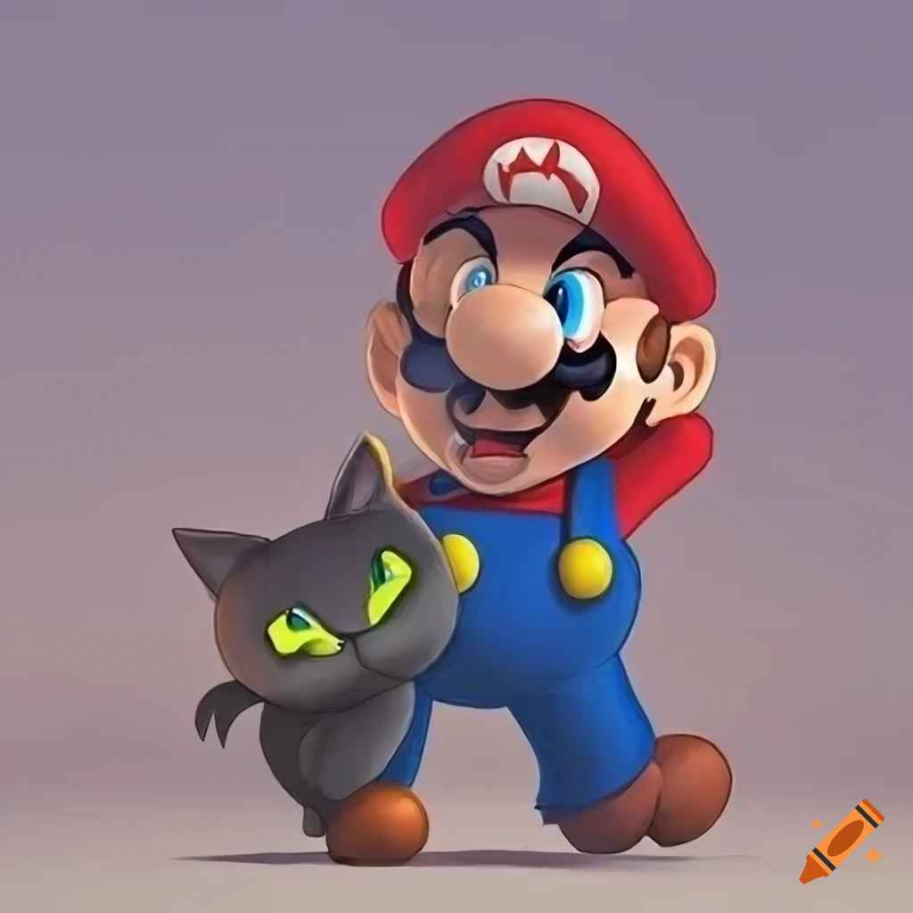 Cartoon artwork of mario bros with his black cat on Craiyon