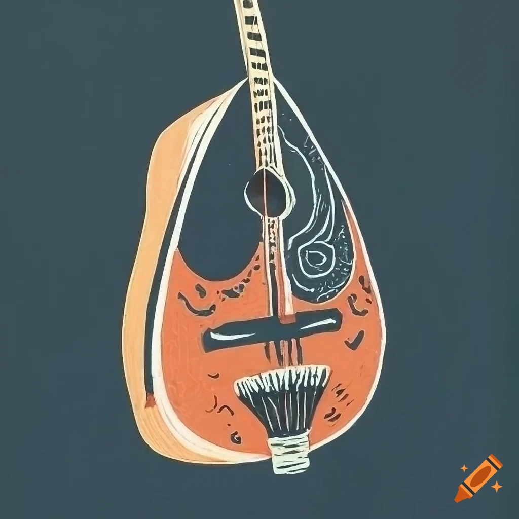 Linocut of a bouzouki instrument on Craiyon
