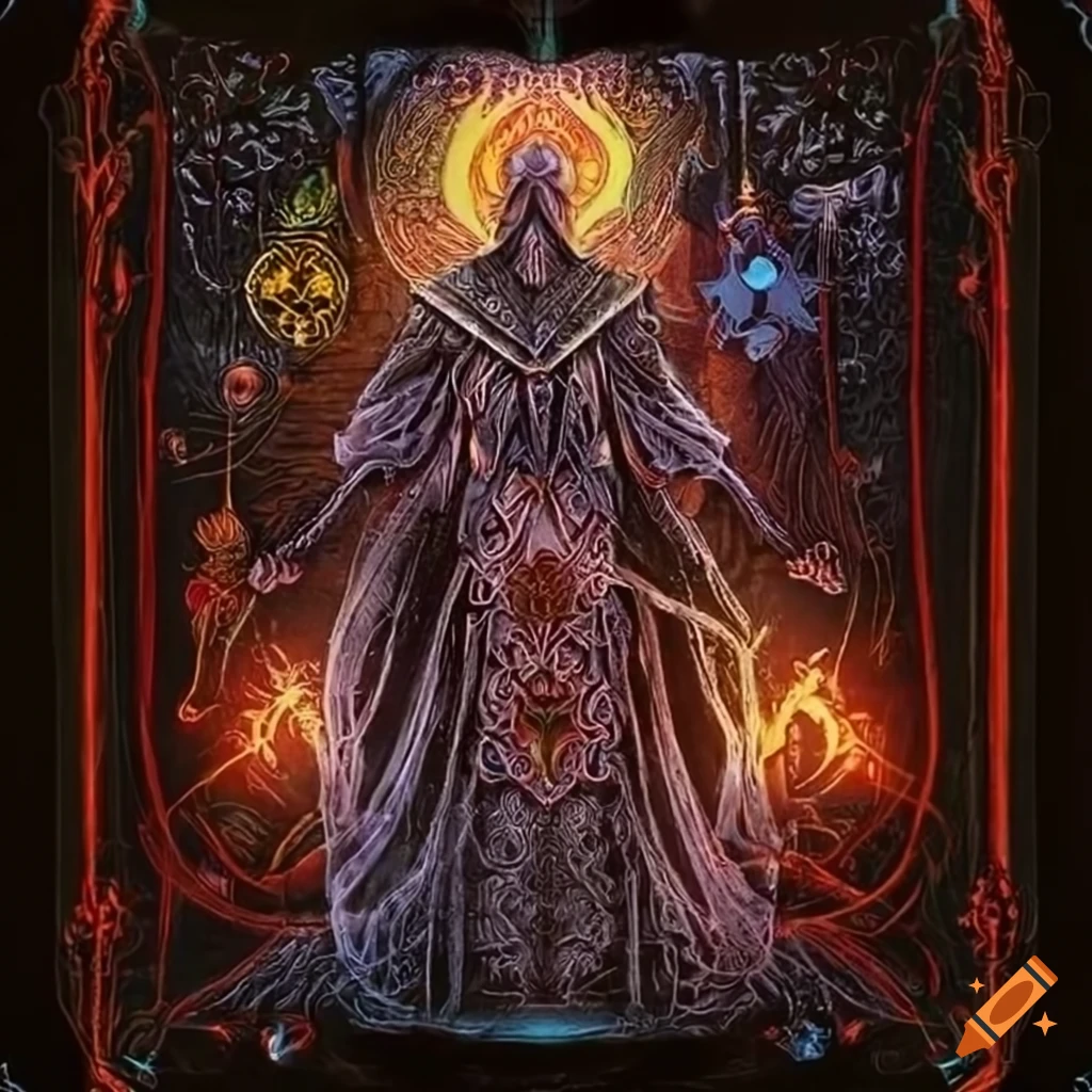 intricate tarot card of a powerful warlock