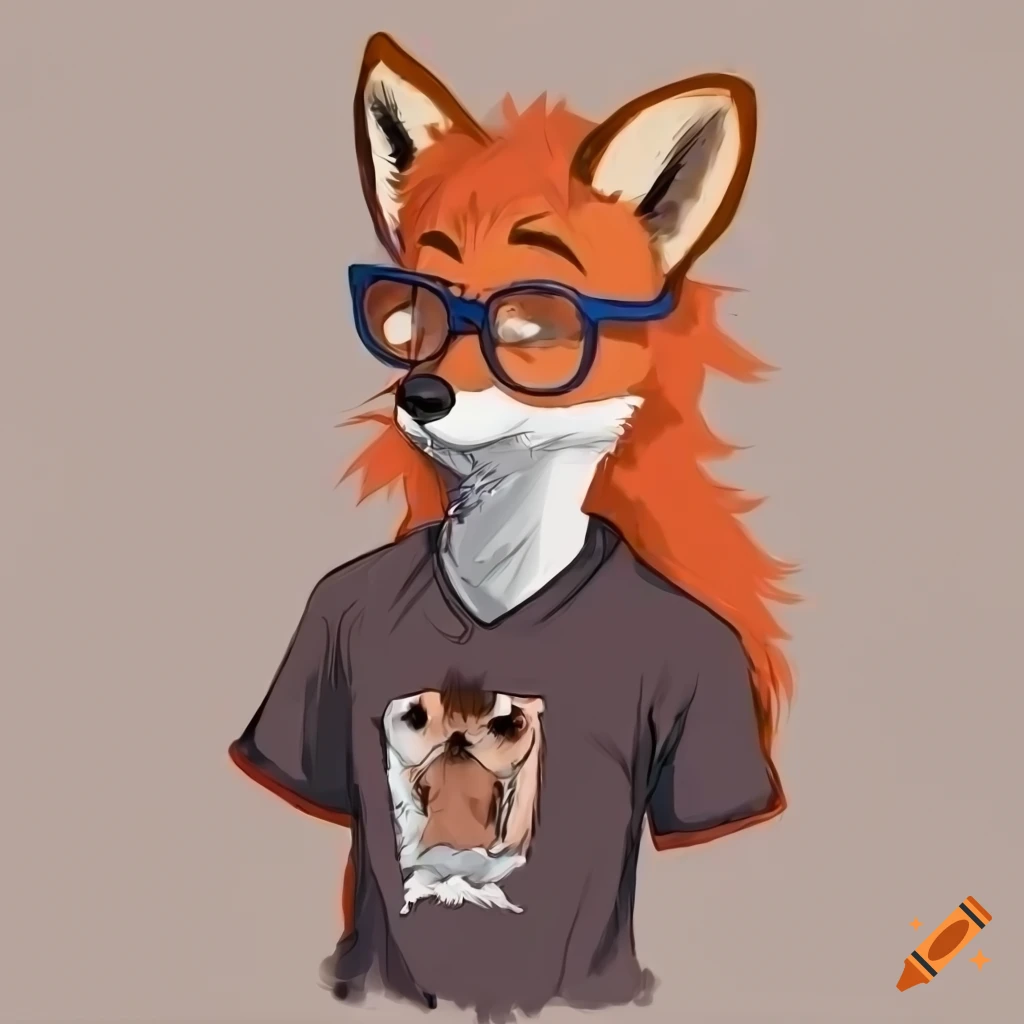 artwork of a male fox with brown eyes and red hair wearing glasses and a t-shirt