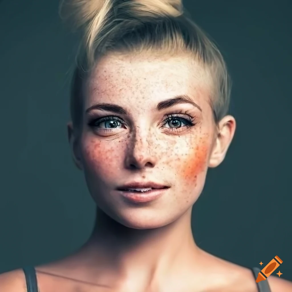 Portrait of a beautiful young woman with freckles and blonde hair on ...