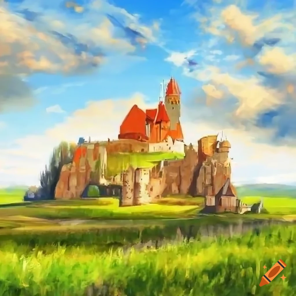 panorama painting of a medieval fantasy village with a castle