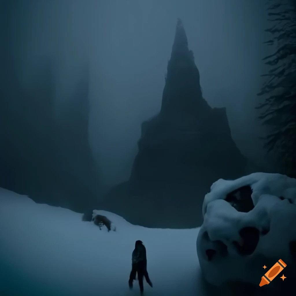 Wide shot of a terrifying snow monster in the mountains
